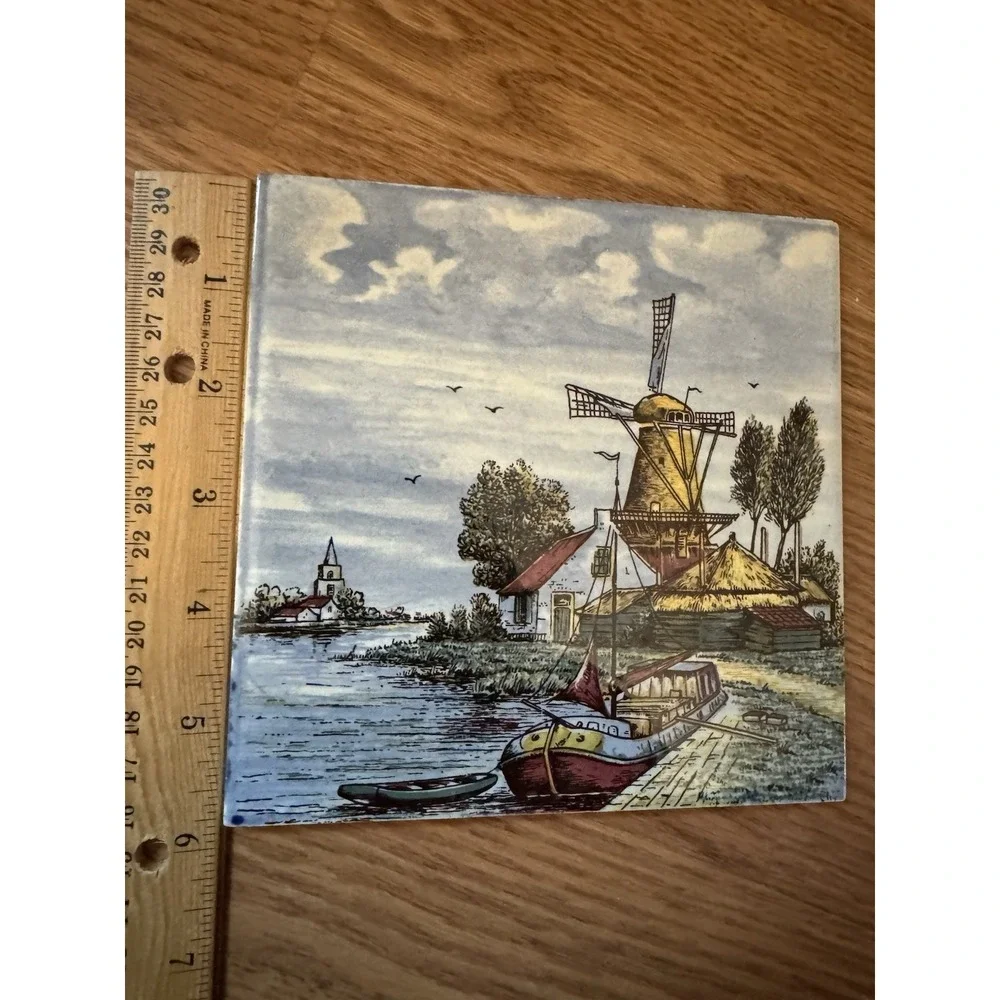 Vintage Delft Handpainted Ceramic Tile Dutch Windmill Canal Holland 6